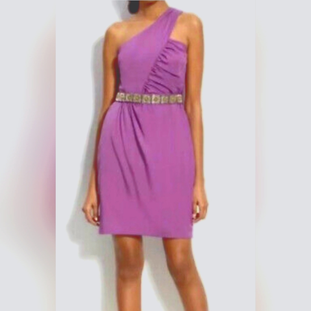 Trina Turk Dress Laroux Silk Violet Purple One Shoulder Rouched Side Zip…